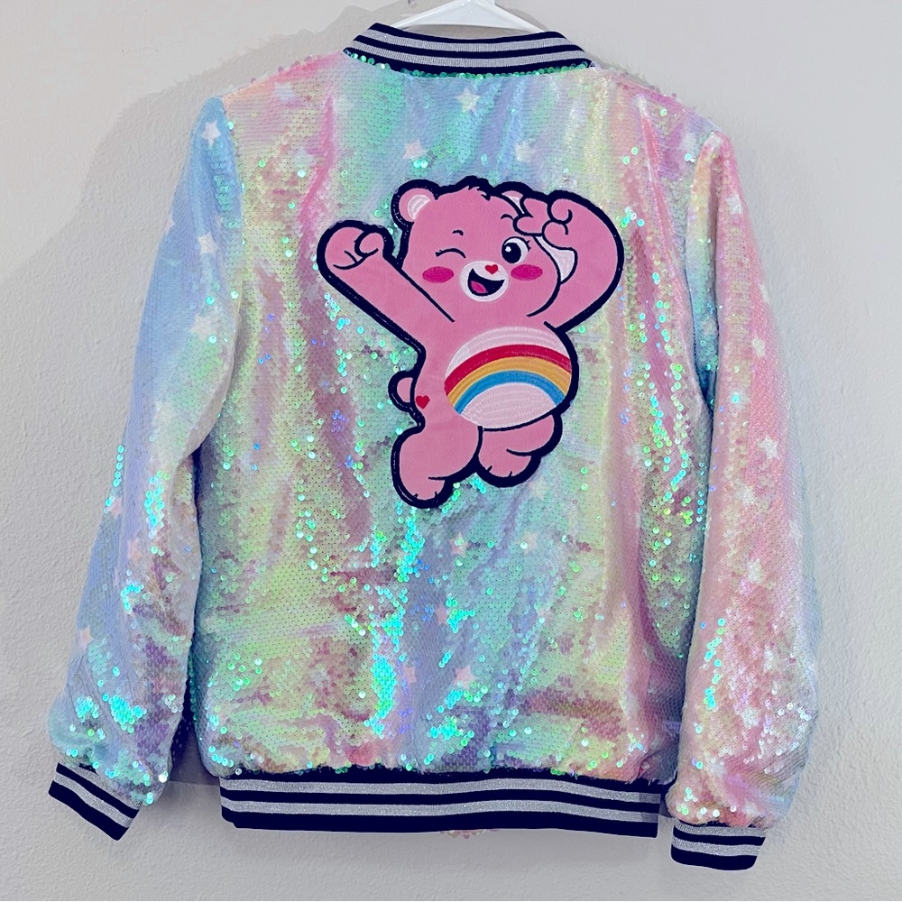 Lola + The Boys Iridescent Sequin Bomber Jacket in Pastel Rainbow